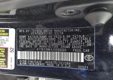 2018 Toyota Camry Se z USA, uszkodzony, nr VIN 4T1B11HK4JU099204